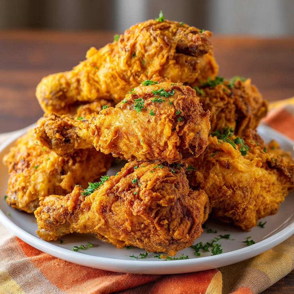 Juicy classic crispy fried chicken drumsticks piled high on a white plate, garnished with fresh parsley.