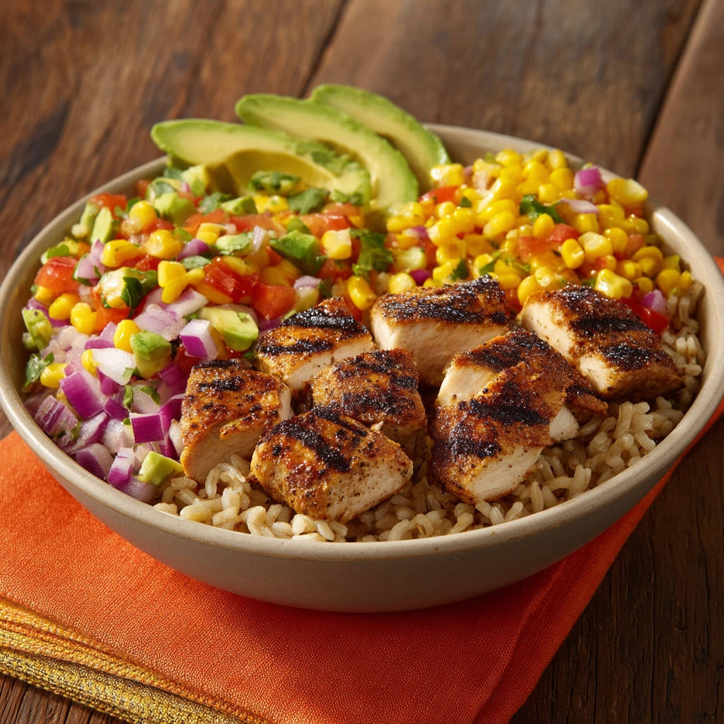 Juicy grilled chicken grain bowl featuring grilled chicken pieces on brown rice with corn and avocado salsa.