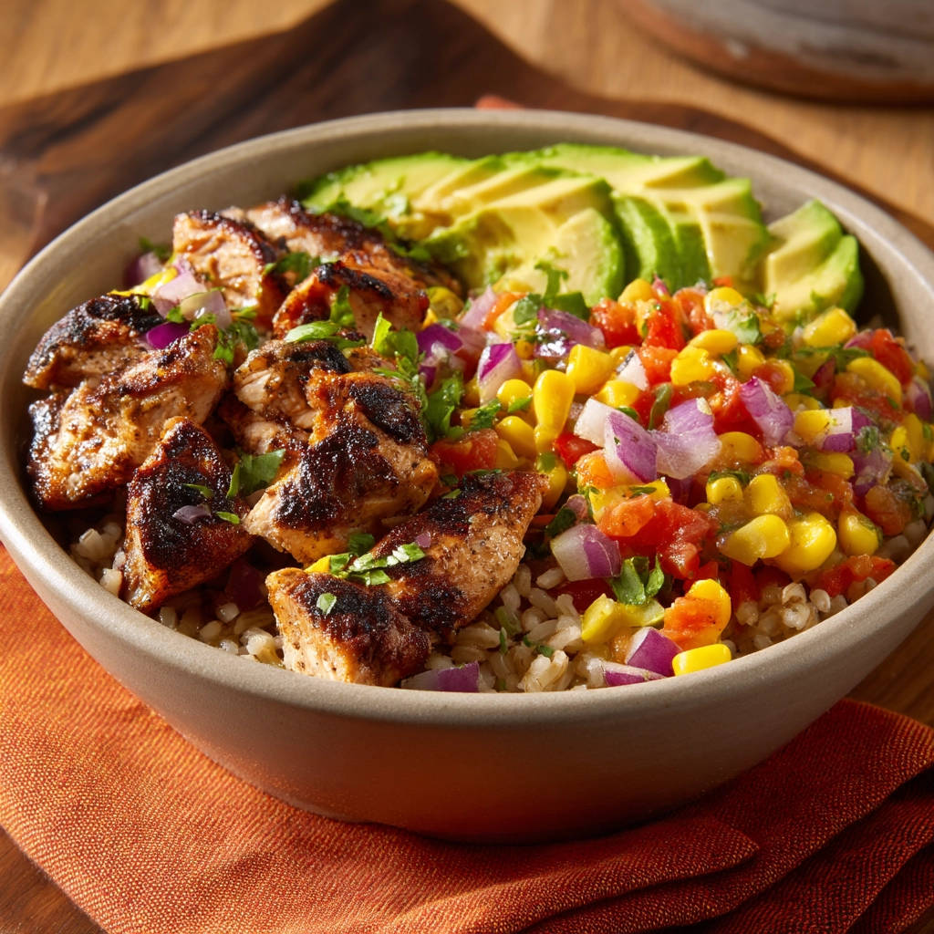 Juicy grilled chicken grain bowl with avocado and corn salsa, presented in an overhead view.