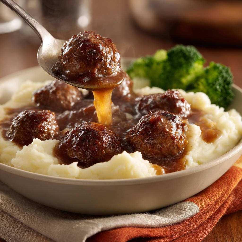 Juicy meatballs and gravy being poured from a spoon onto a bed of mashed potatoes.