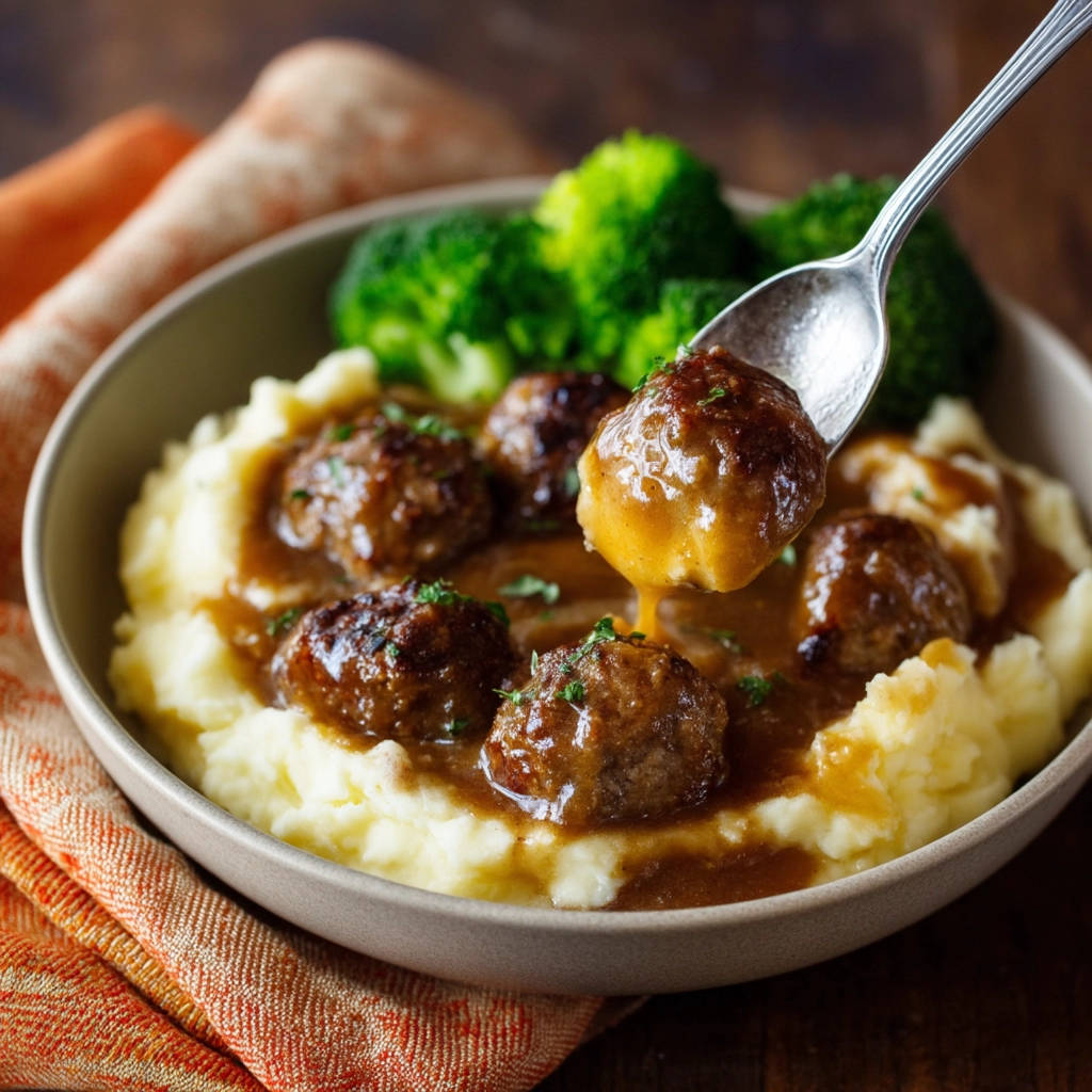 Juicy meatballs and gravy being lifted with a spoon from a bowl of mashed potatoes and broccoli.