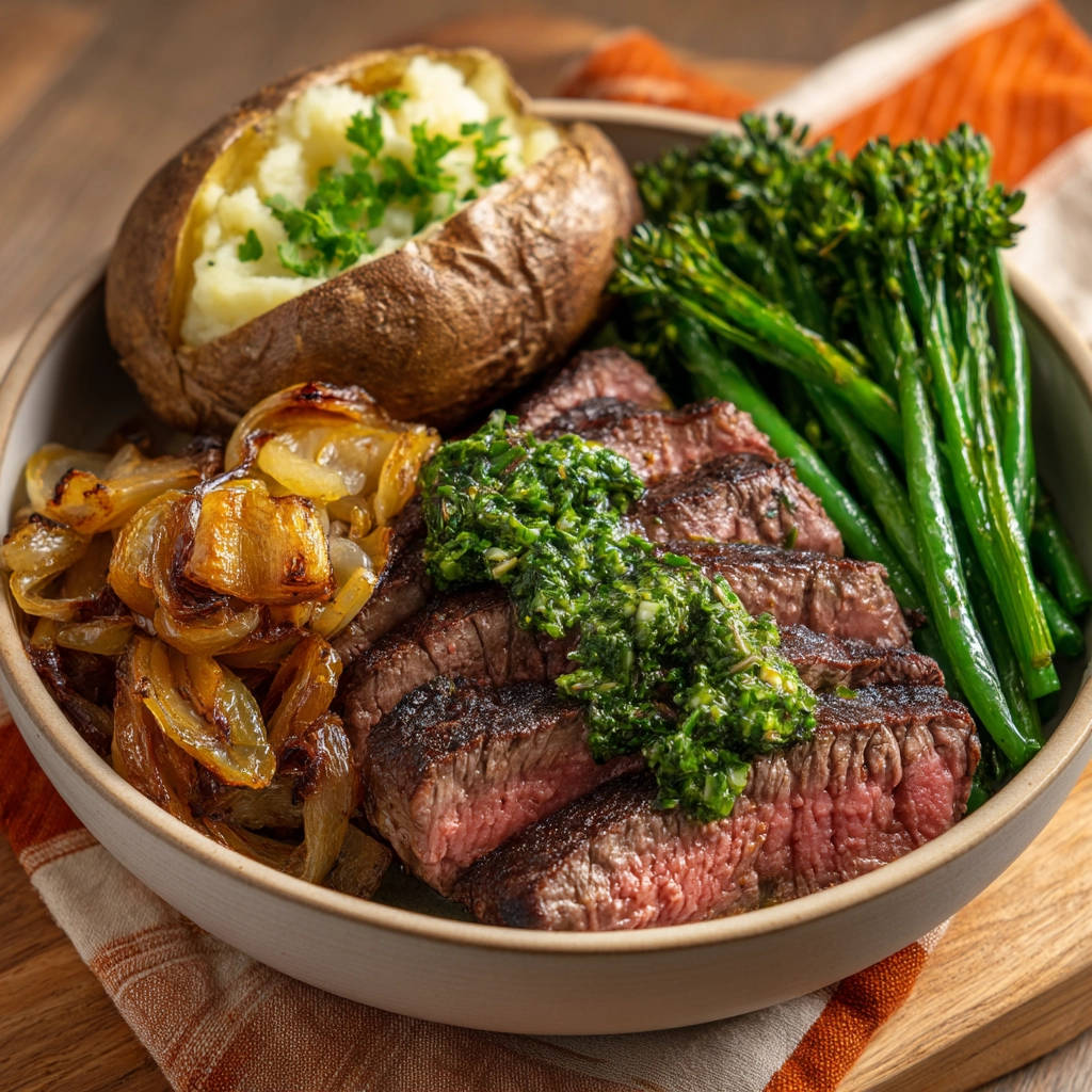 Juicy pan-seared steak dinner shown in a close-up cross-section with sides of baked potato, sautéed onions, and broccolini.