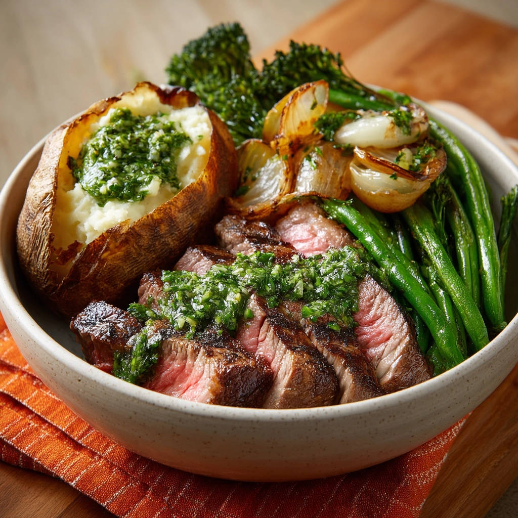 Juicy pan-seared steak dinner, sliced and topped with chimichurri, served with baked potato and vegetables.