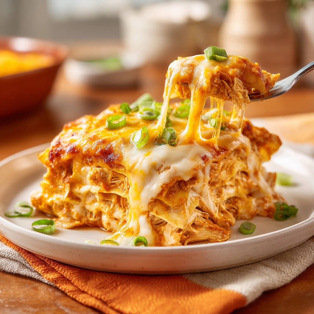 Layered chicken tortilla bake with a fork pulling up cheesy strands, garnished with green onions.