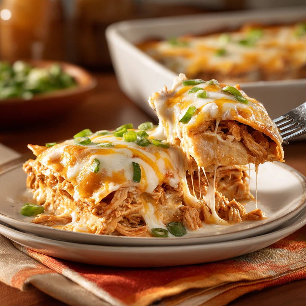 Layered chicken tortilla bake, a cheesy slice being lifted with a fork, showing pulled chicken and melted cheese.