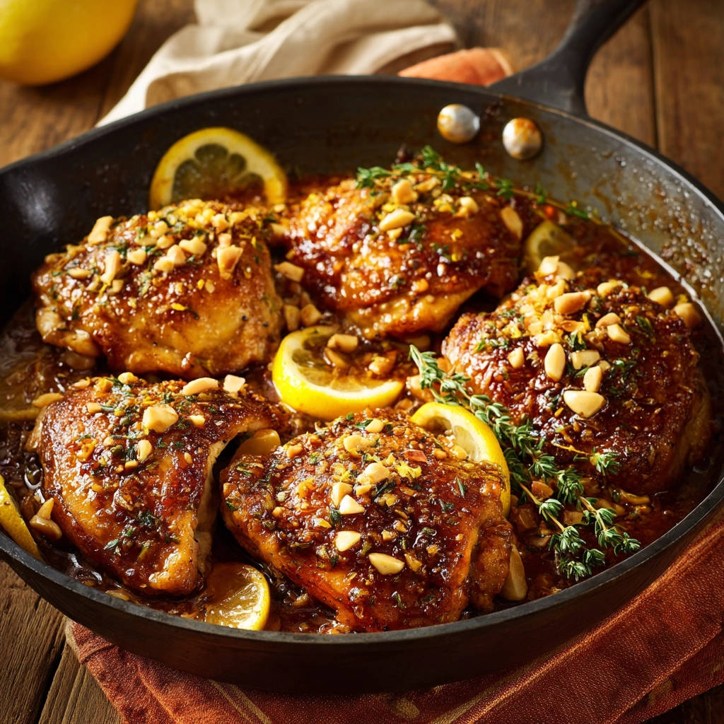 Juicy skillet lemon herb chicken with nuts shown in a close-up detail of the glazed chicken thighs topped with chopped nuts and herbs.