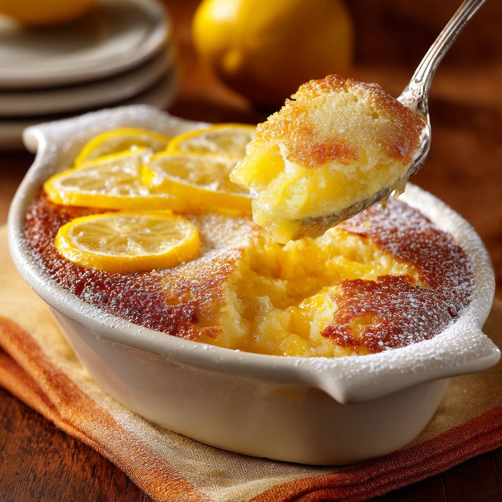 Sunny lemon pudding cake with a spoonful being scooped out, showing its layered texture.