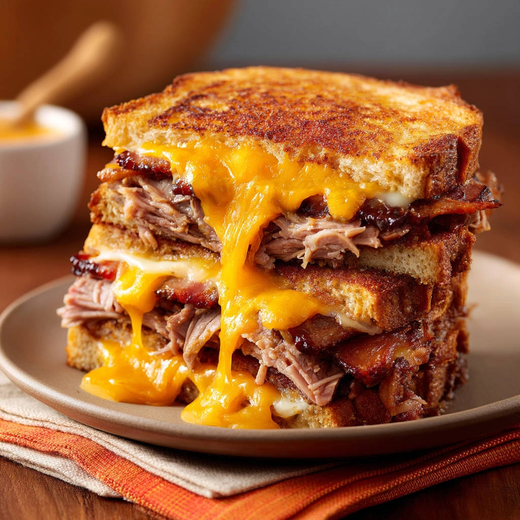 Loaded beef and cheddar melt with gooey cheese dripping down the sides, showcasing its rich filling.