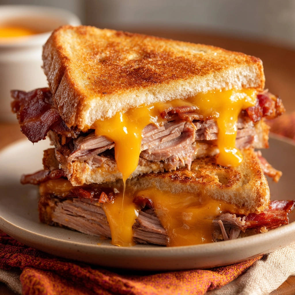 Loaded beef and cheddar melt is shown in a gooey cross-section with dripping cheese and crispy bacon.