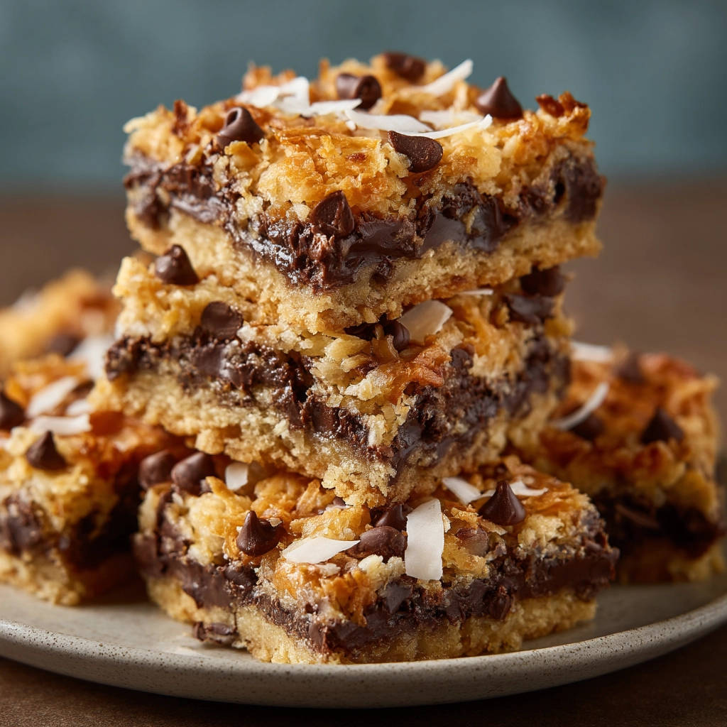 Magic cookie bars stacked in a cross-section, revealing layers of chocolate, coconut, and graham cracker crust.