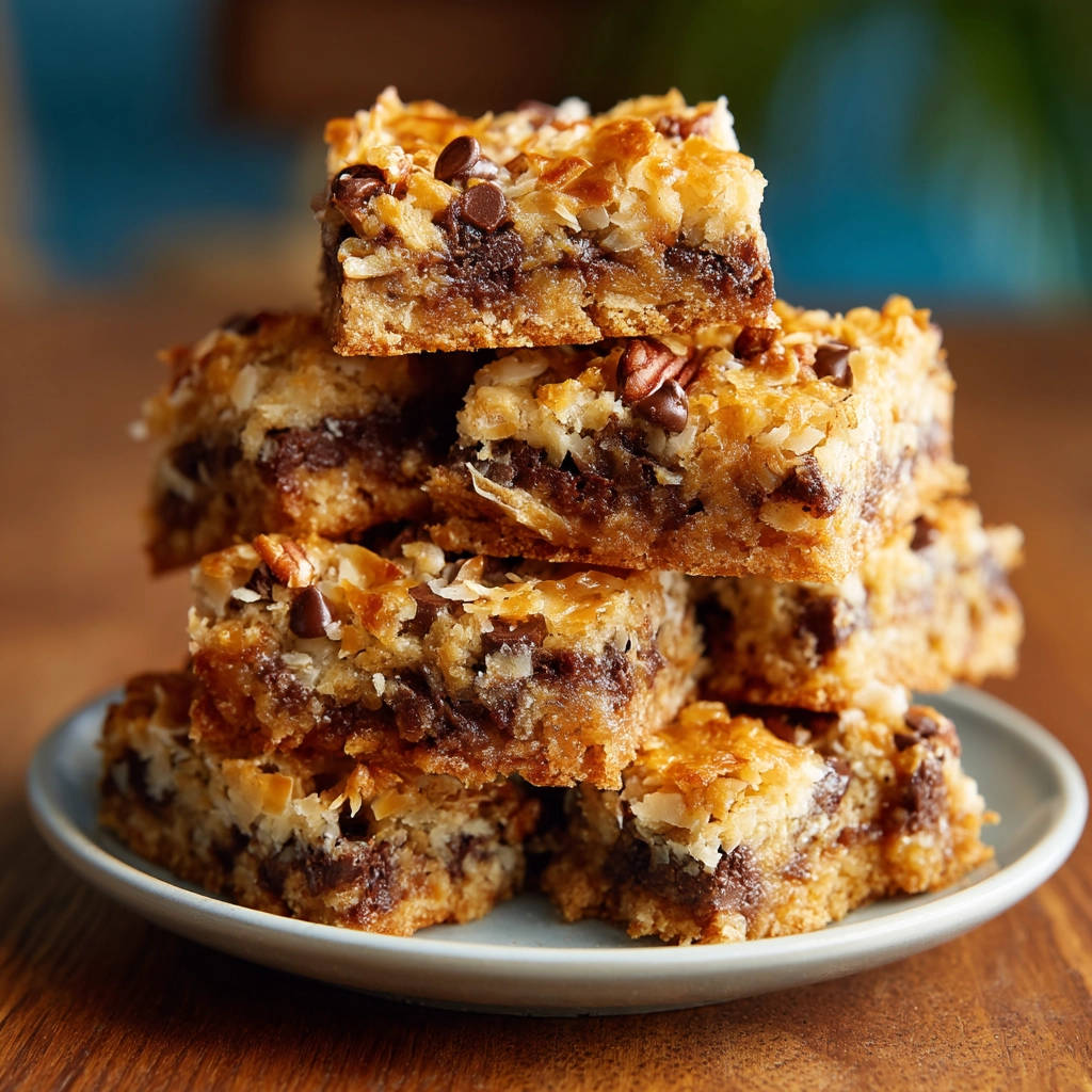 Magic cookie bars stacked on a plate, showcasing their layered texture and chocolate chips.