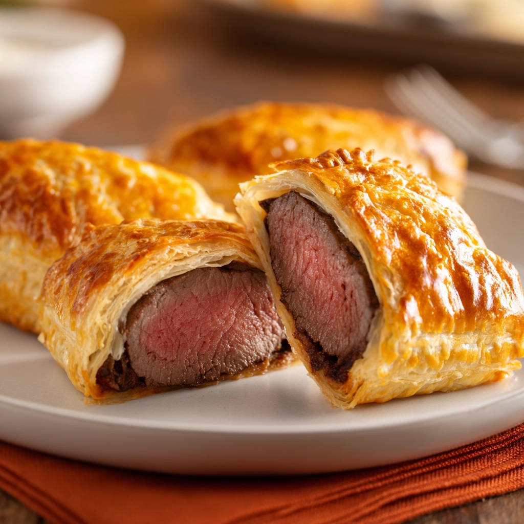 Mini Beef Wellingtons with a perfectly cooked medium-rare beef interior shown in a detailed cross-section.