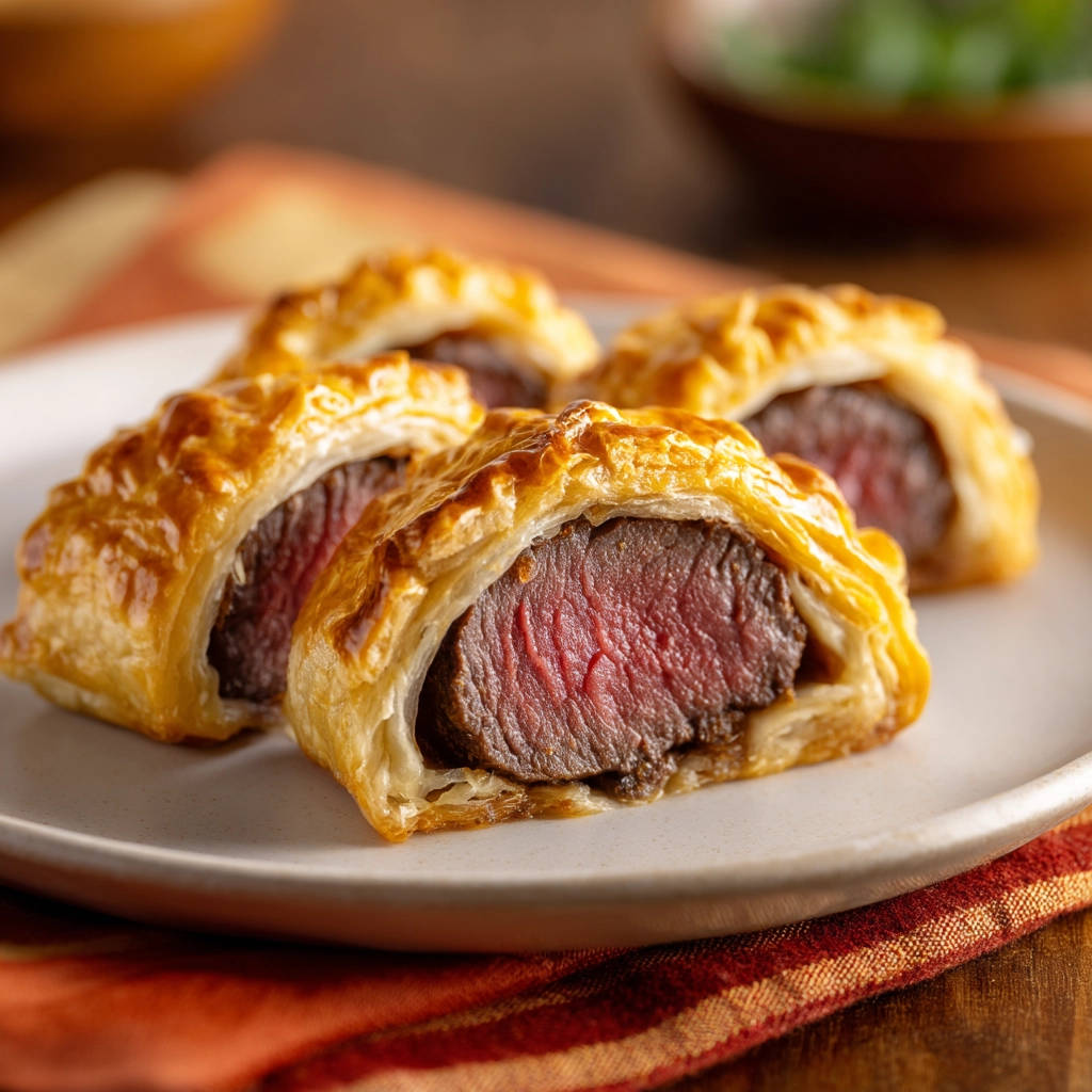 Mini beef Wellingtons shown in a close-up cross-section, revealing the tender meat inside golden puff pastry.