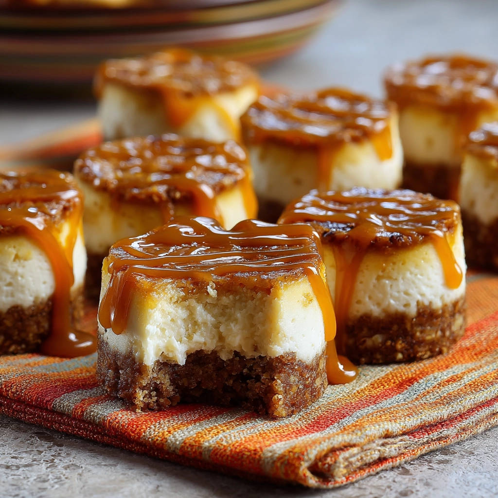 Mini caramel cheesecakes with a bite taken out, showing the creamy filling and graham cracker crust.