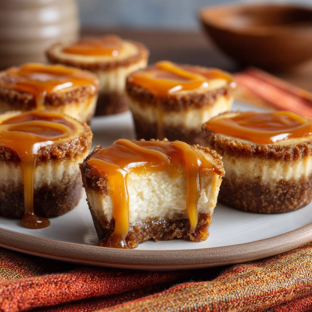 Mini caramel cheesecakes cross-section showing the creamy interior and graham cracker crust, with caramel drizzled on top.