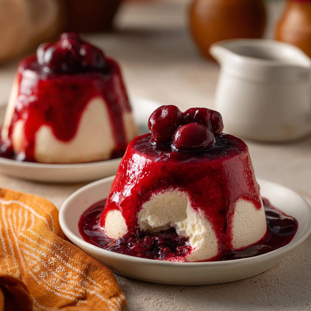 Mini cherry cream domes with a bite taken out, showing the creamy interior and cherry topping.