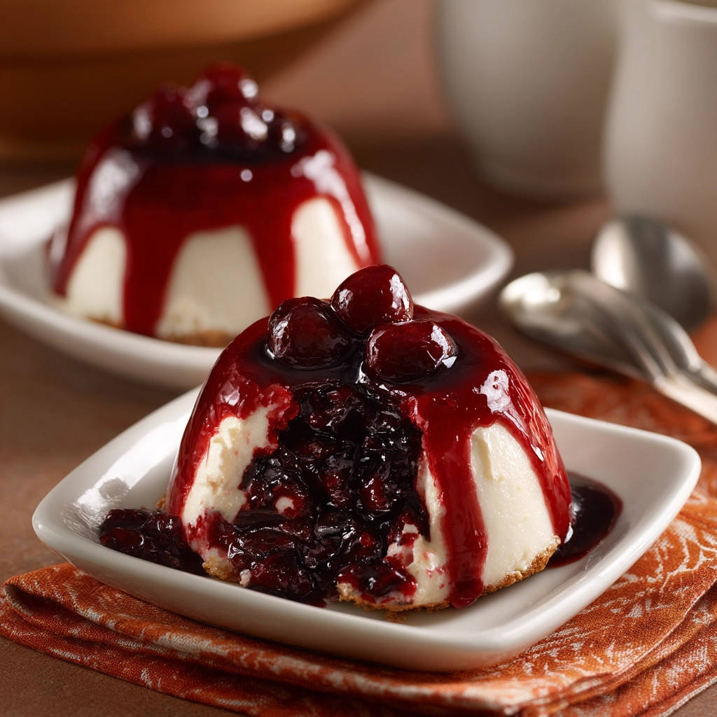 Mini cherry cream domes with a detailed cross-section showing the creamy interior and cherry filling.