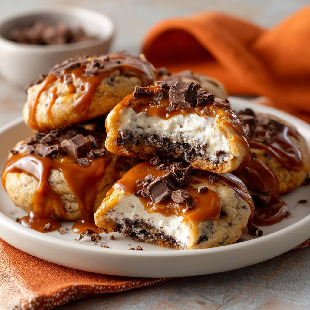 Mini chocolate caramel cheesecakes cross-section showing creamy filling and chocolate cookie crust, drizzled with caramel and chocolate.