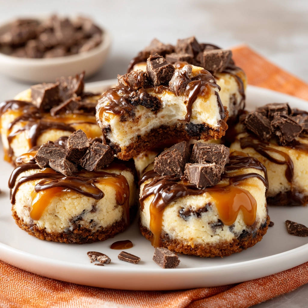 Mini Chocolate Caramel Cheesecakes stacked, with one cheesecake showing a delicious cross-section and chocolate chunks.