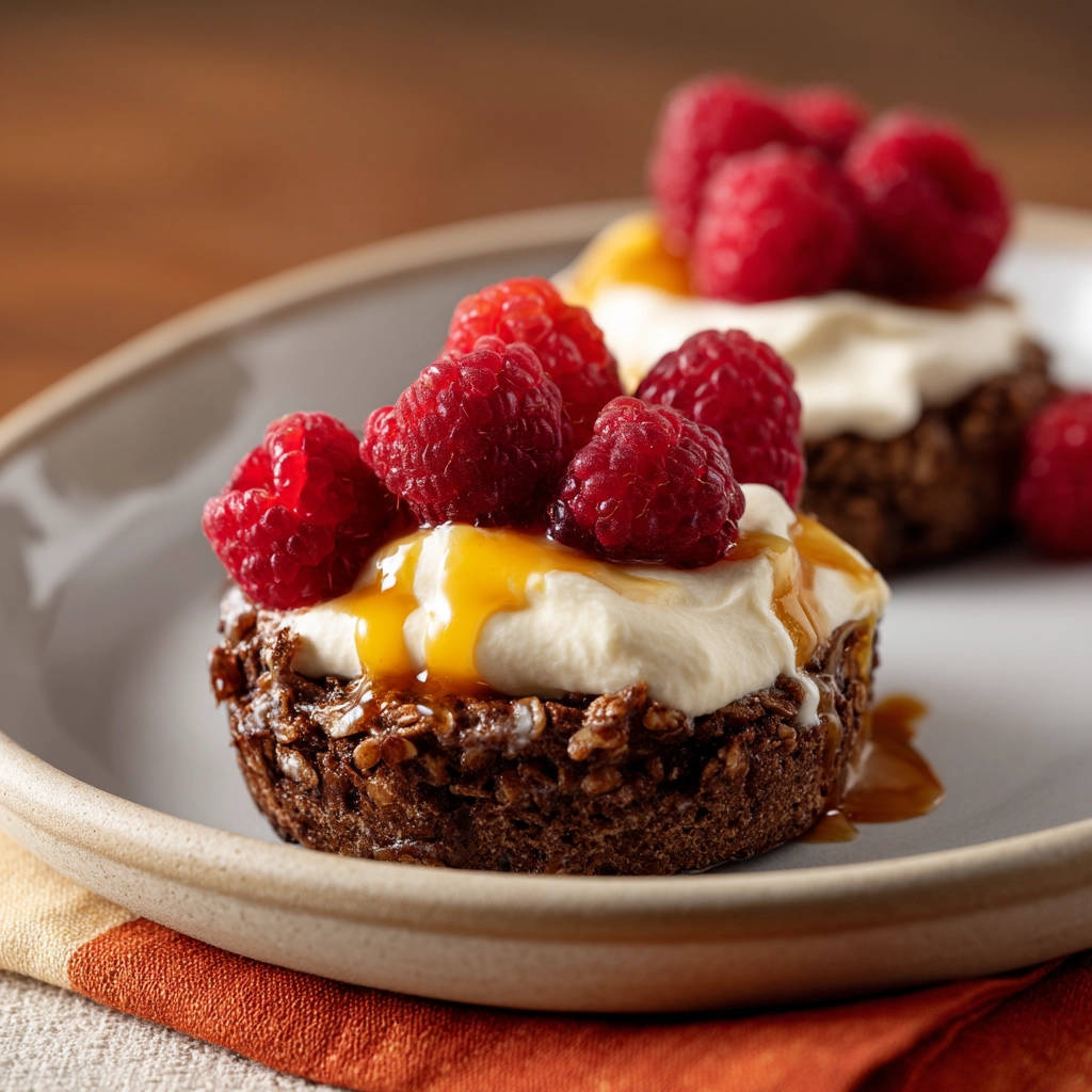 Mini chocolate raspberry bites topped with whipped cream, fresh raspberries, and a drizzle of caramel sauce.