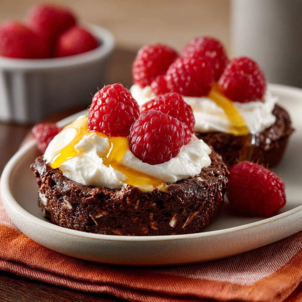 Mini chocolate raspberry bites topped with whipped cream, fresh raspberries, and a drizzle of honey.