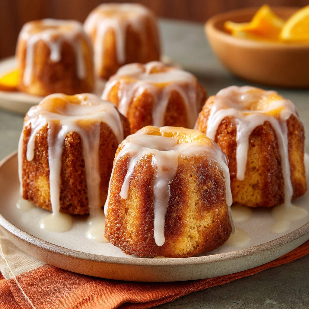 Mini orange bundt cakes with white glaze drizzled on a neutral plate, a close-up view.