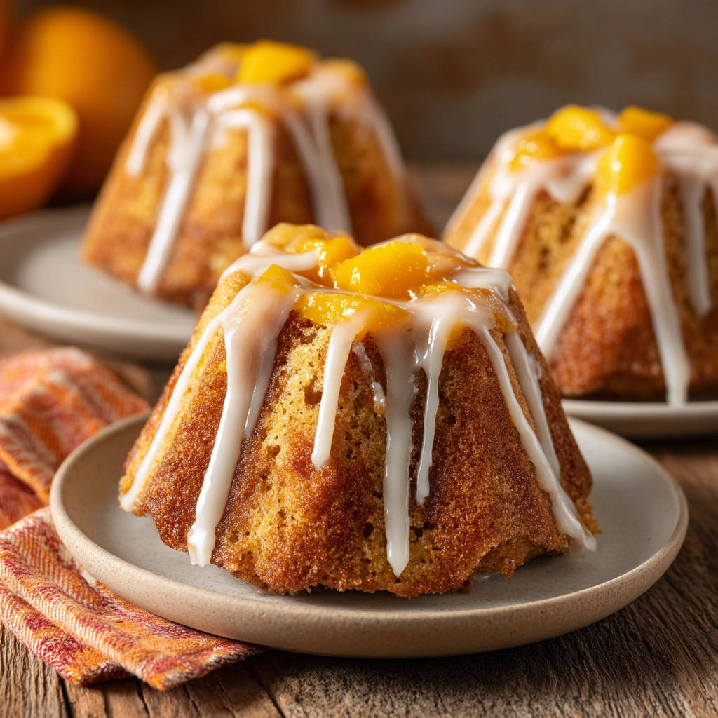 Mini orange bundt cakes drizzled with glaze and topped with peaches, displayed on plates.