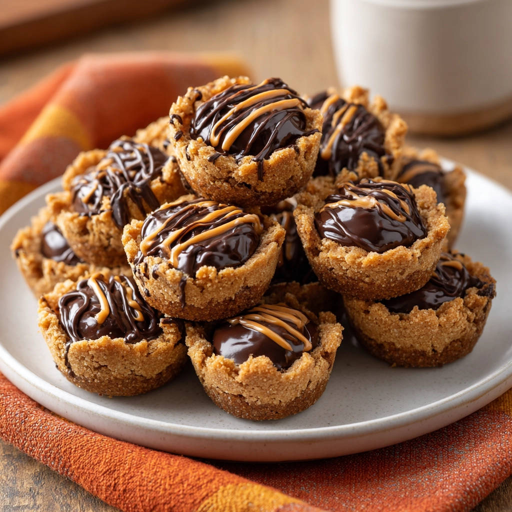 Mini peanut butter bites topped with chocolate and peanut butter drizzle, a close-up detail shot.