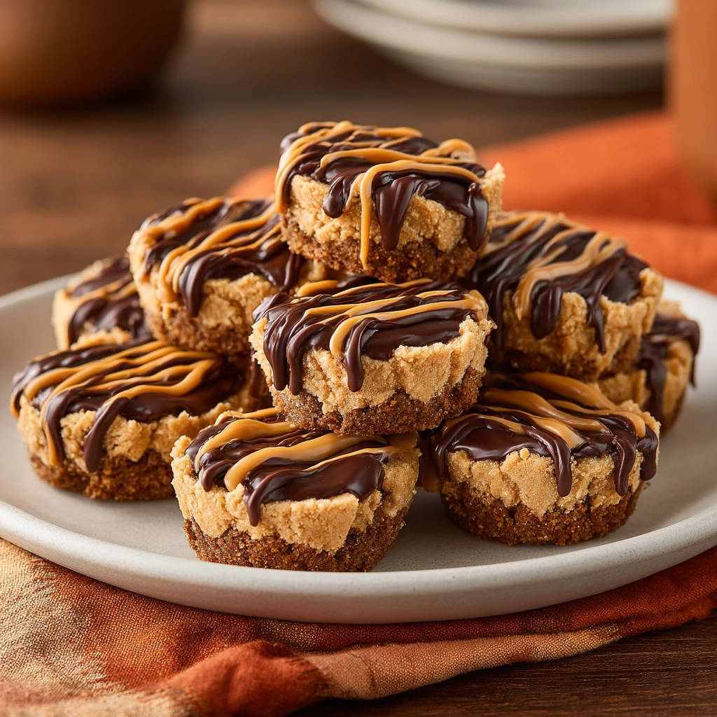 Mini peanut butter bites with a chocolate and peanut butter drizzle topping, stacked on a plate.