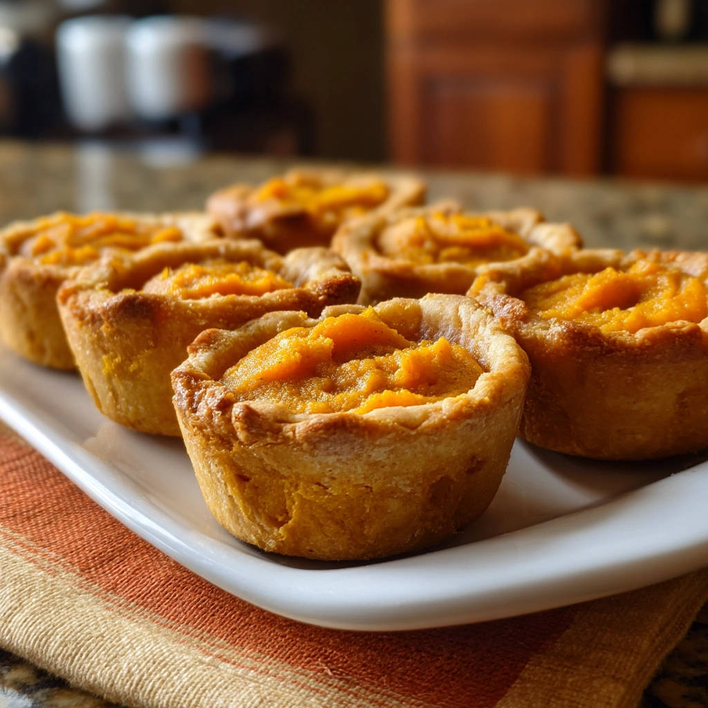 Mini sweet potato tarts shown in a close-up side view on a white platter with a striped napkin.