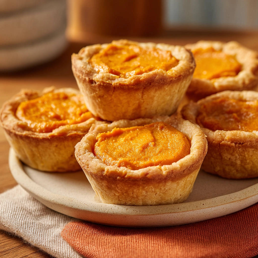 Mini sweet potato tarts stacked on a plate, showcasing their golden crusts and vibrant orange filling.