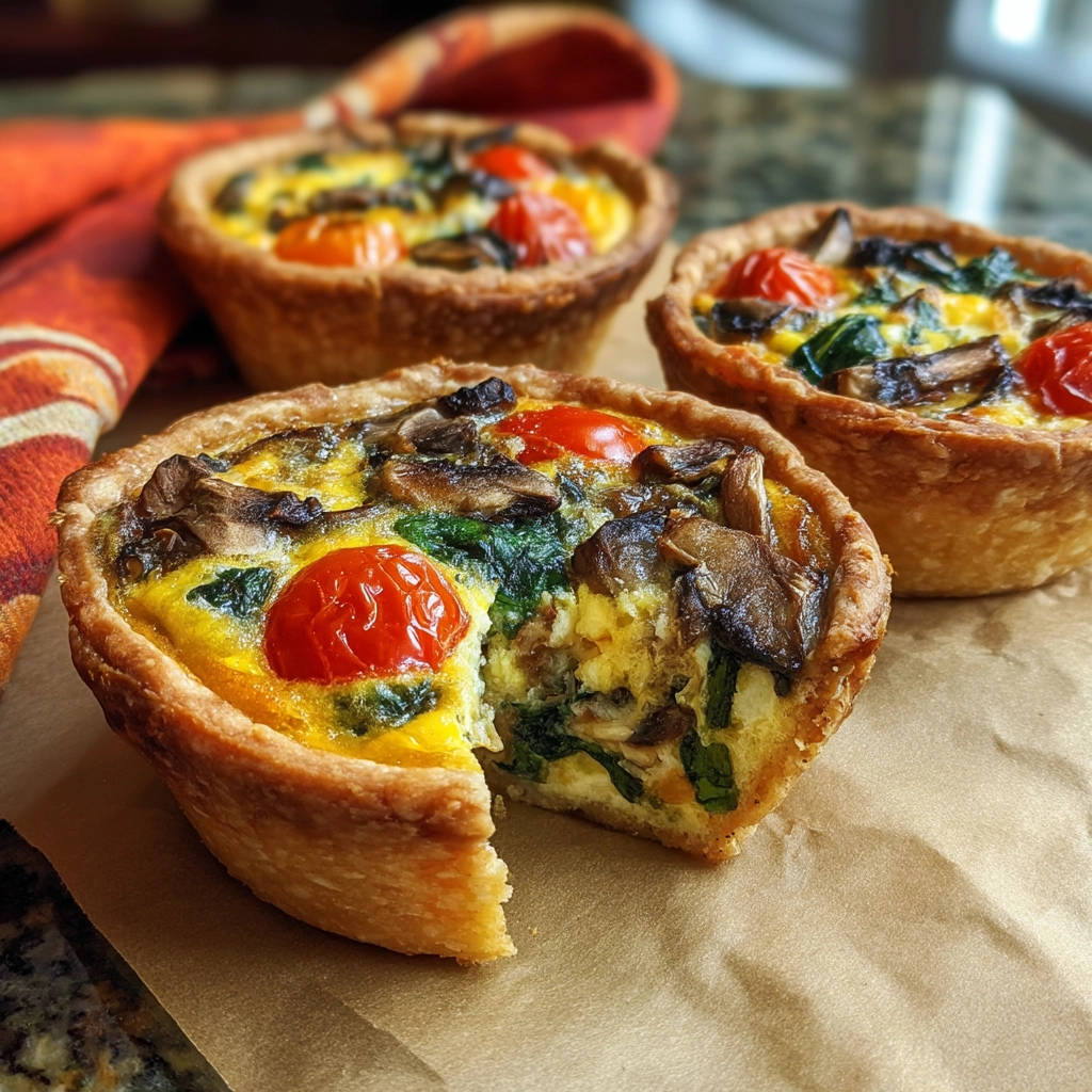 Easy Mini Veggie Tarts with a revealing cross-section showing a fluffy egg filling and colorful toppings.