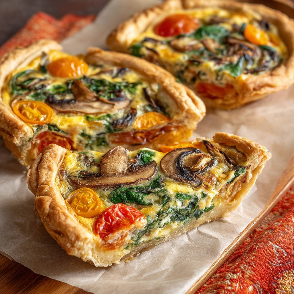 Easy Mini Veggie Tarts shown in a close-up cross-section revealing the savory filling and flaky crust.