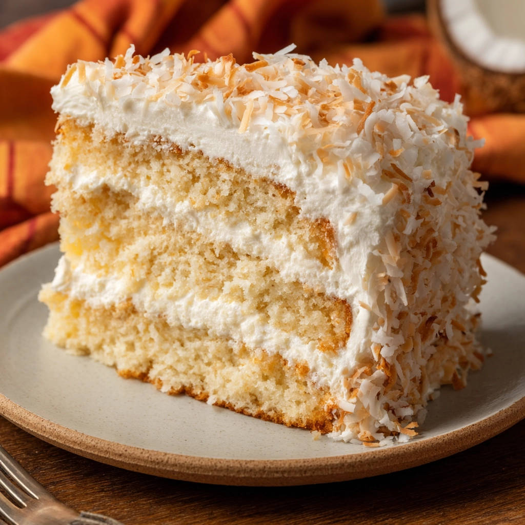 Moist classic coconut cake slice showcasing layers of cake and frosting, topped with toasted coconut flakes.