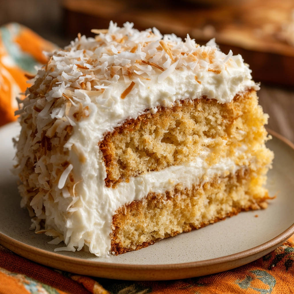 Moist classic coconut cake shown as a thick cross-section slice with fluffy white frosting and shredded coconut on a plate.