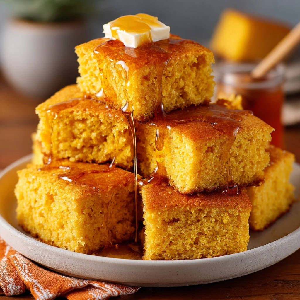 Moist homemade cornbread stacked high and drizzled with honey, topped with butter.