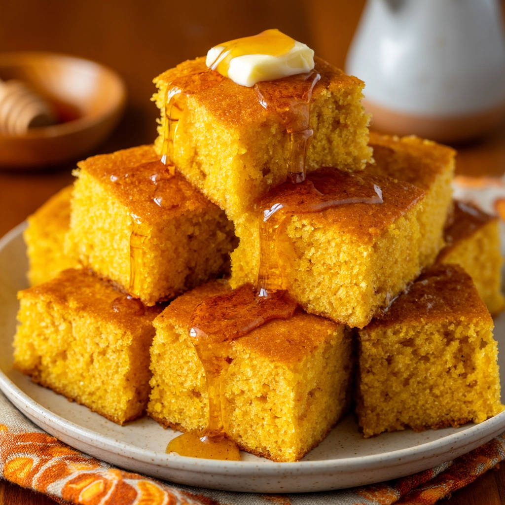 Moist homemade cornbread stacked on a plate, drizzled with honey and topped with butter.