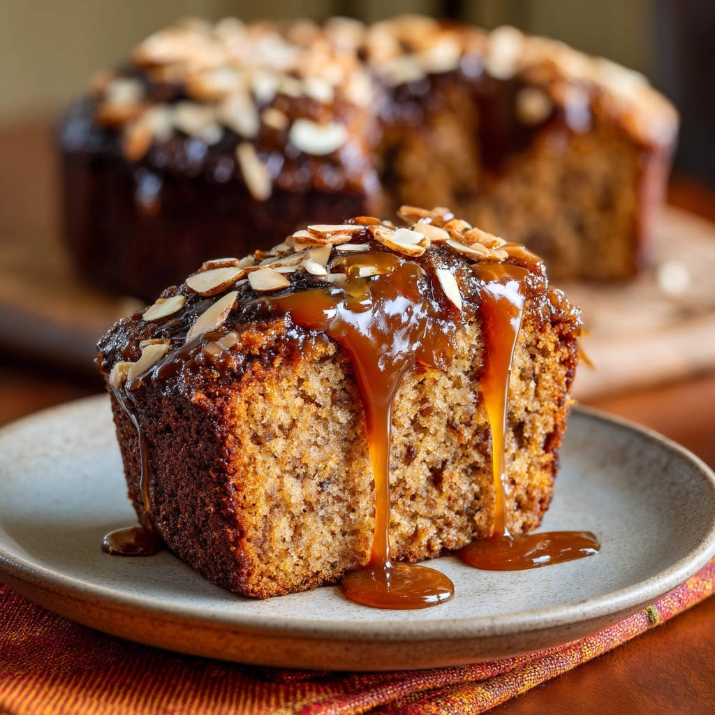 Moist spice cake, a close-up slice drizzled with caramel sauce and topped with sliced almonds.