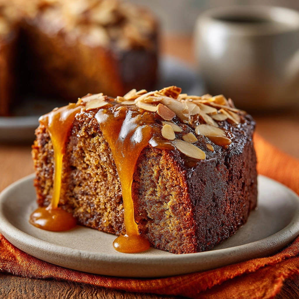 Moist spice cake slice drizzled with caramel sauce and topped with sliced almonds on a plate.