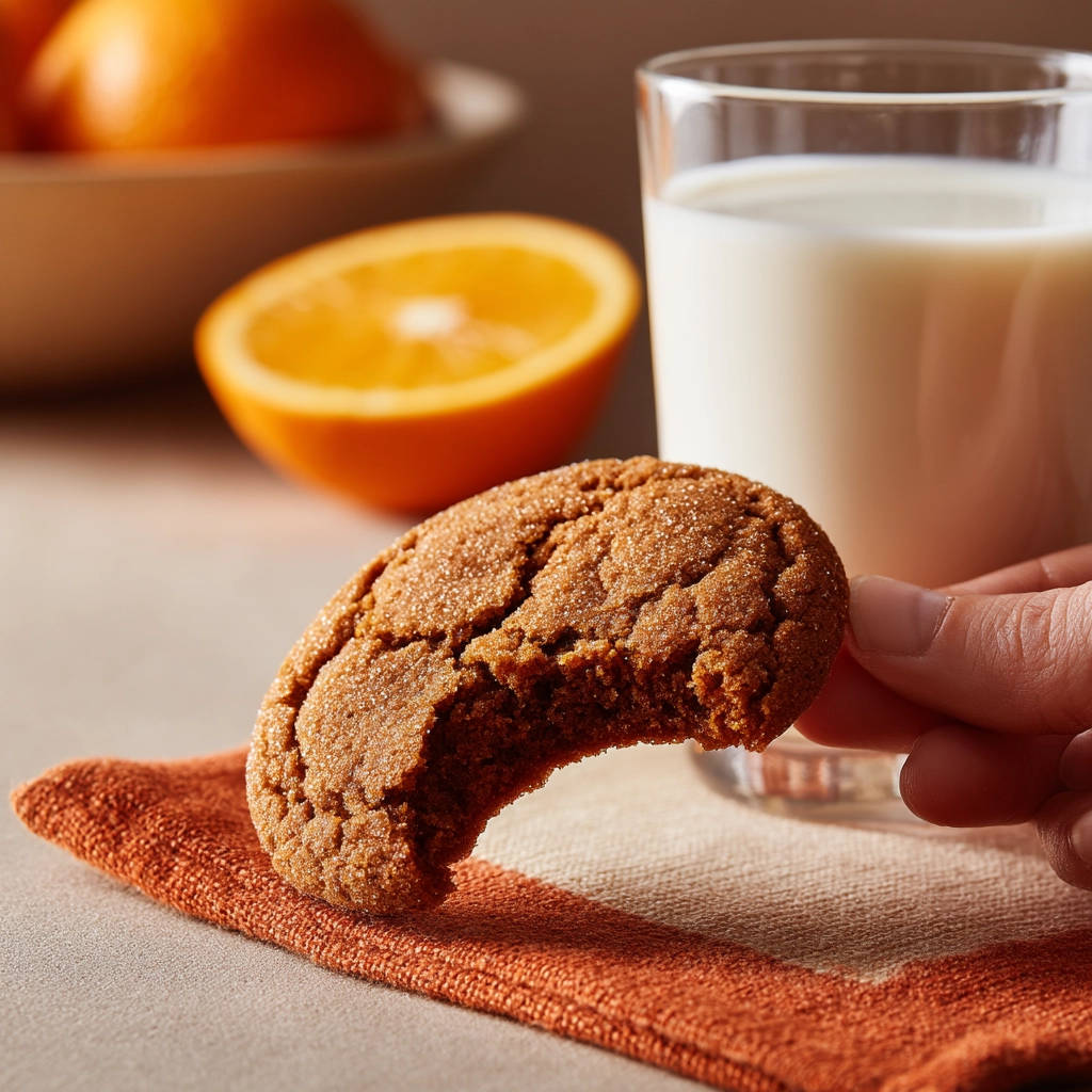 Soft & Chewy Molasses Ginger Cookies, with a bite taken out, held by a hand over a napkin.