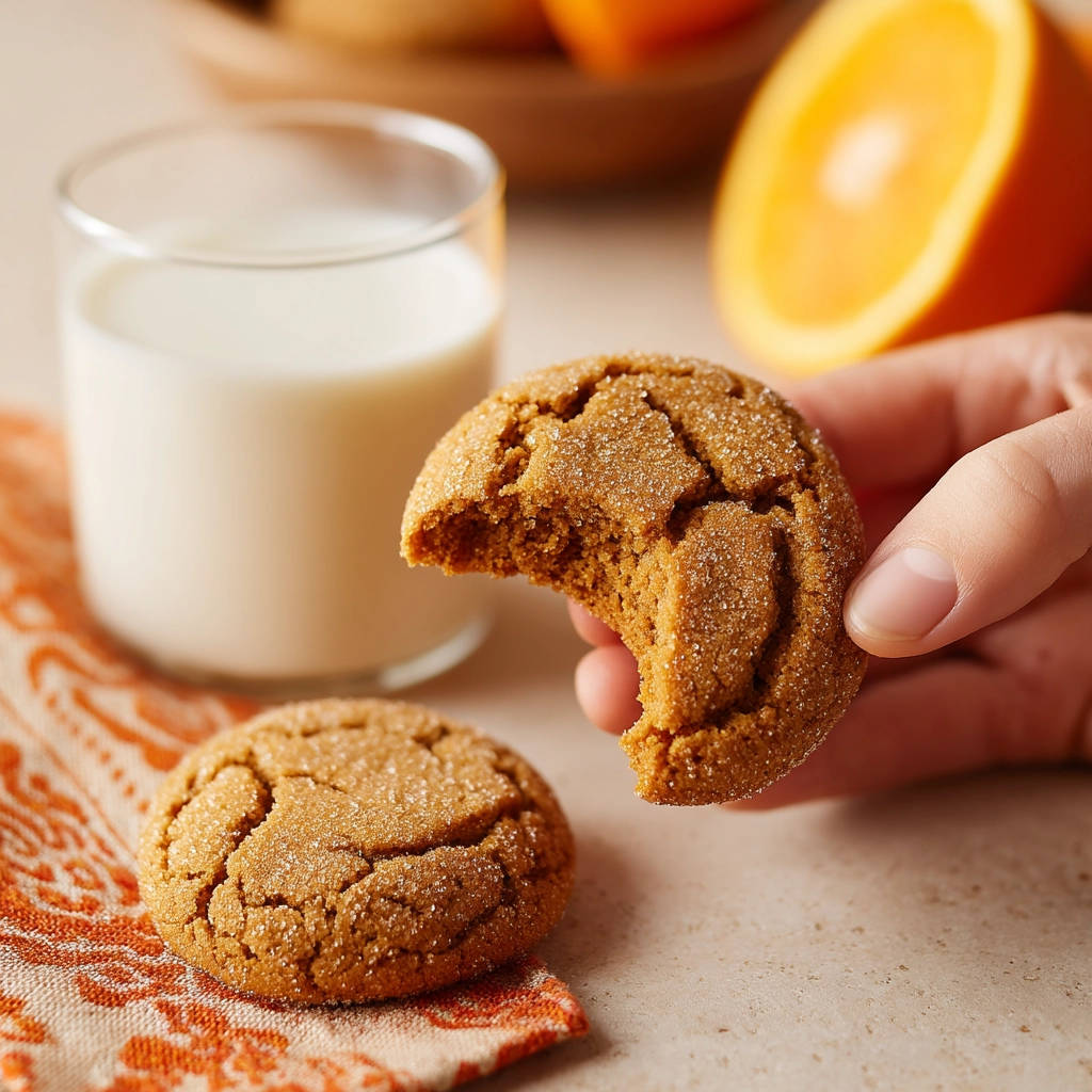 Soft & chewy molasses ginger cookies, with a bite taken out to reveal the textured interior.
