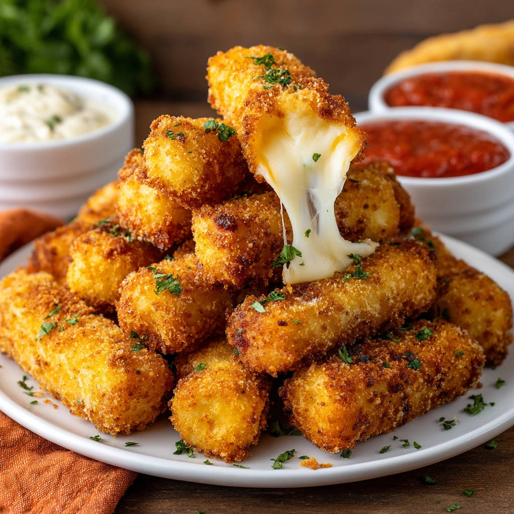 Crispy mozzarella sticks showing a long, gooey cheese pull, garnished with fresh parsley.