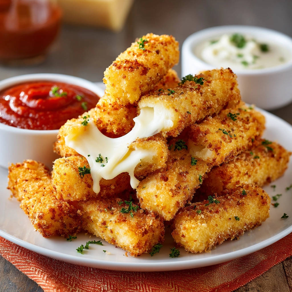 Crispy mozzarella sticks oozing with melted cheese, served with marinara and a creamy dipping sauce.