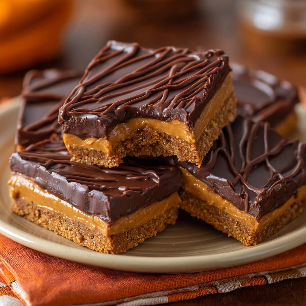 No-bake peanut butter chocolate bars shown in a close-up cross-section of a stacked serving.
