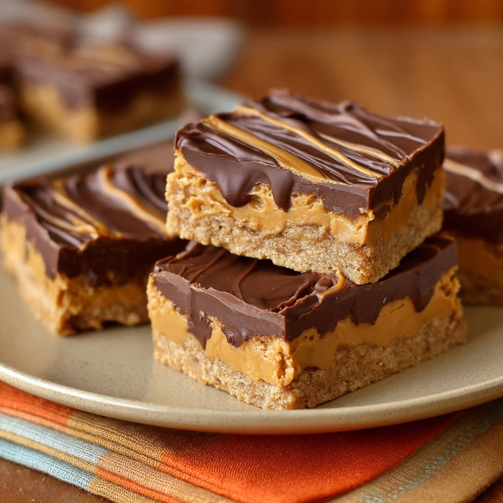 No-bake peanut butter chocolate bars stacked on a plate, showcasing their layered texture and chocolate drizzle topping.