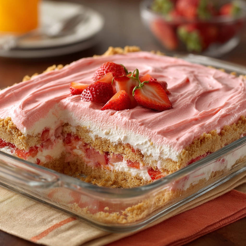 No-bake strawberry dessert showing a cross-section with layers of crust, cream, and fresh strawberries.