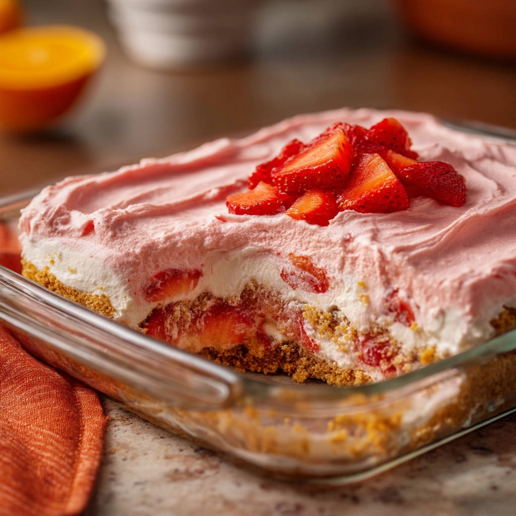 No-bake strawberry dessert shown in a close-up cross-section revealing layers of crust, cream, and fruit.