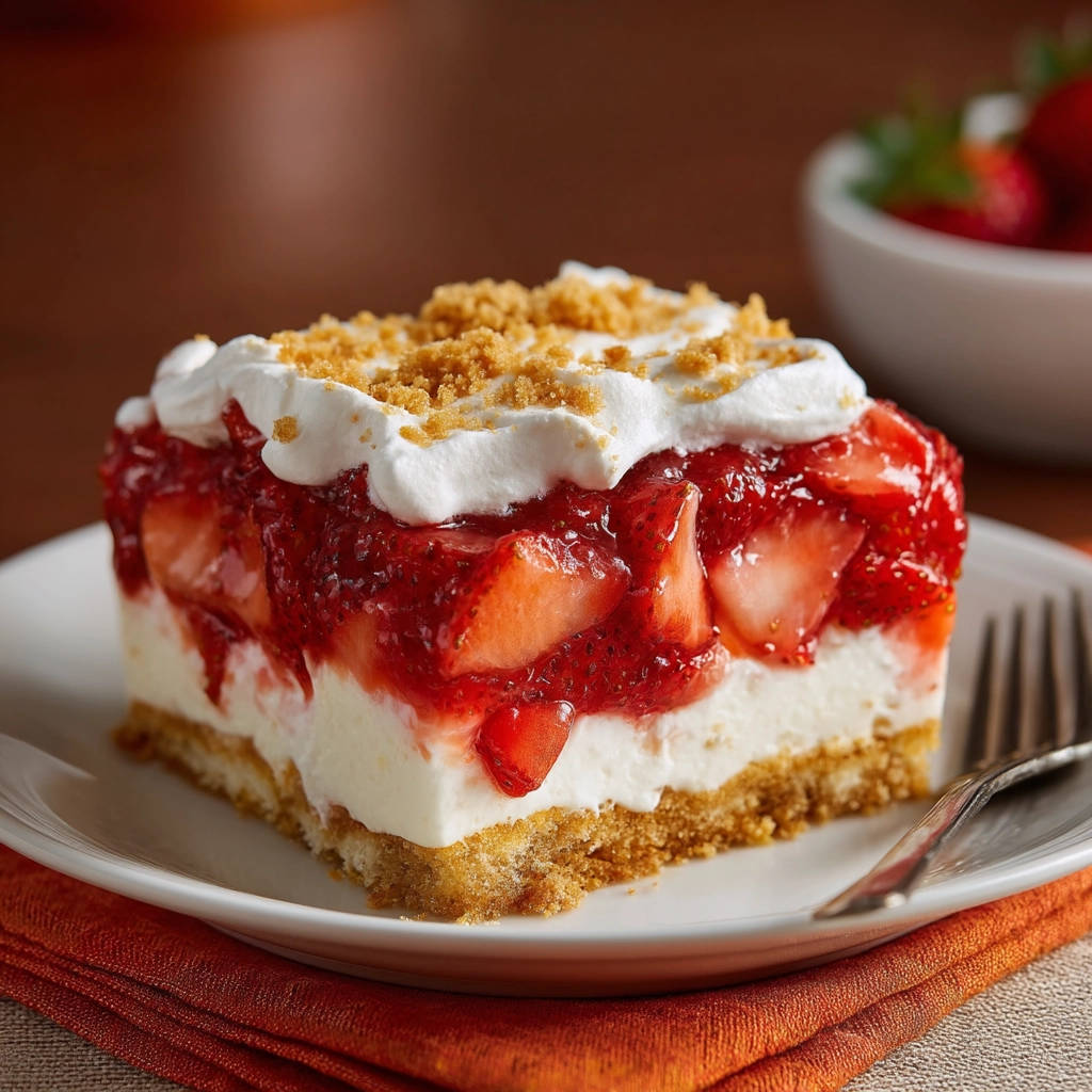 No-bake strawberry dessert served as a single plated slice with layers of crust, cream, and fresh strawberries.