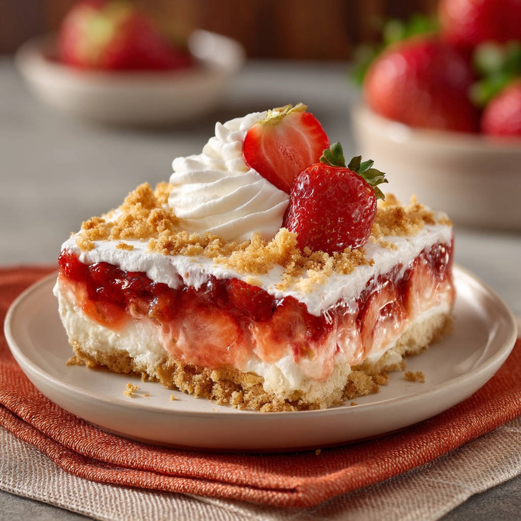 No-bake strawberry dessert served as a plated slice with whipped cream and fresh strawberries on top.