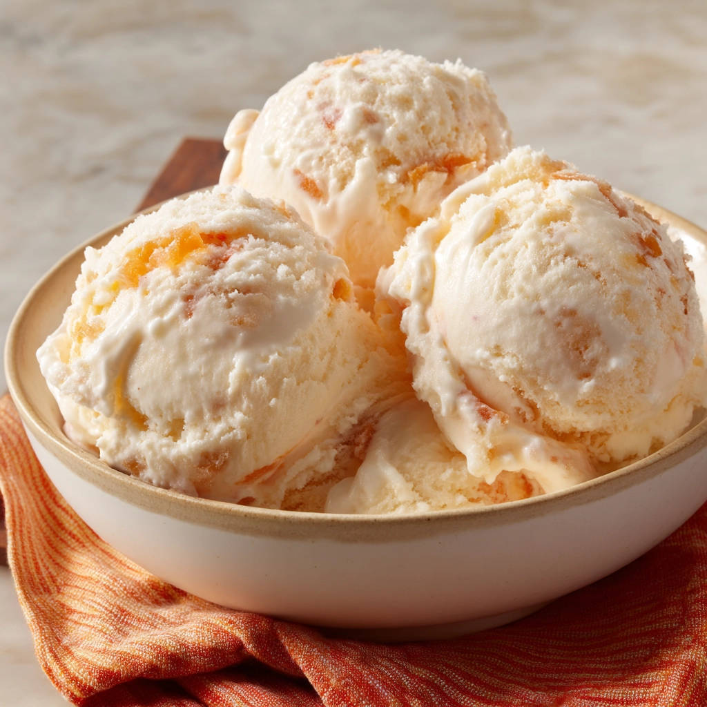 Creamy no-churn peach ice cream scoops in a bowl, showing swirls of peach pieces throughout the ice cream.